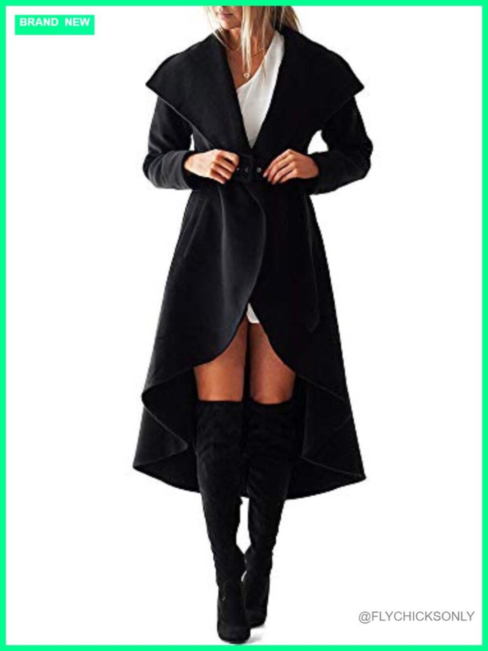 Women's Wool Trench Coat Belted High Low Hem Wrap Collar Winter Outerwear